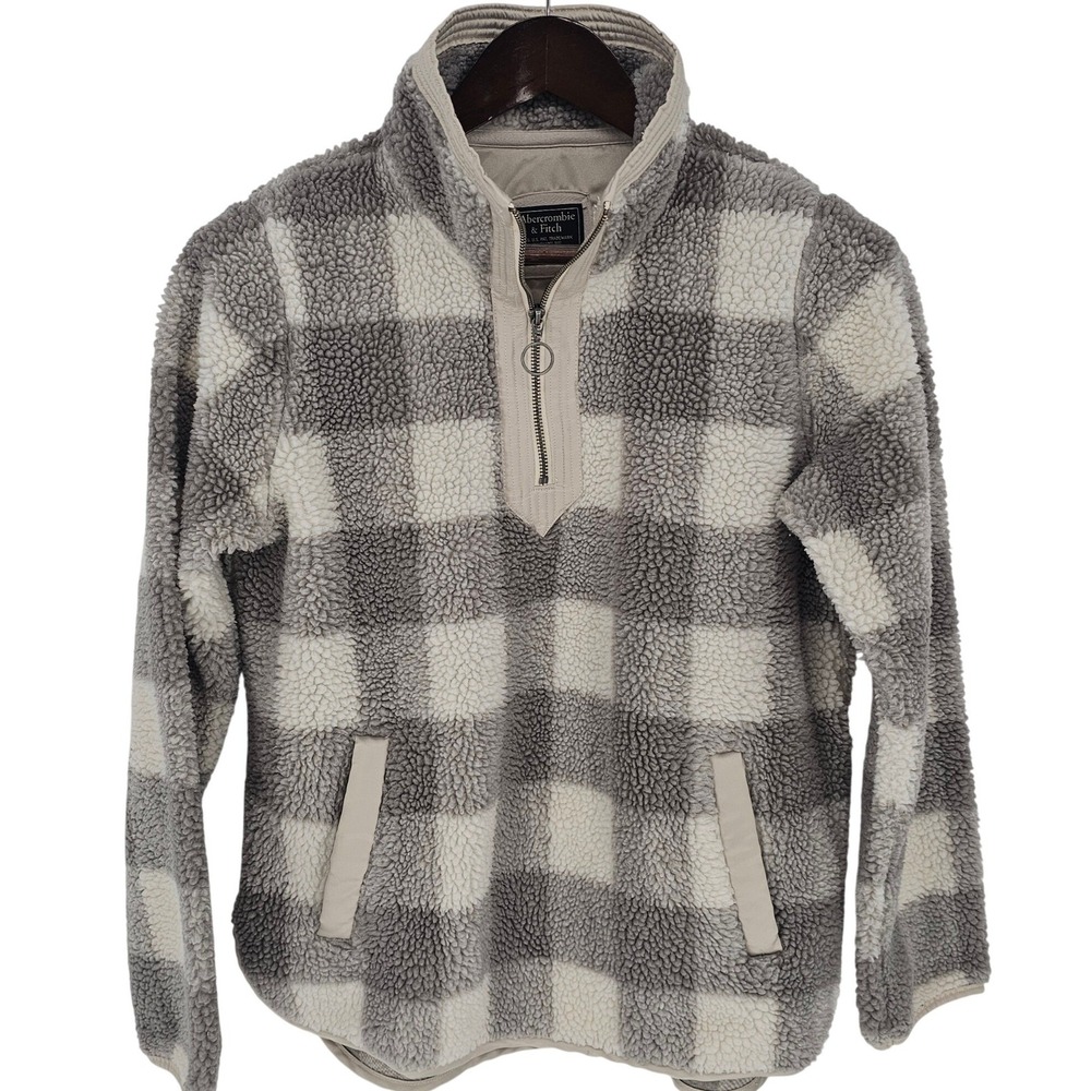 Abercrombie Fitch Pullover Sweatshirt 1/4 Zip Womens Small Plaid Sherpa Fleece
